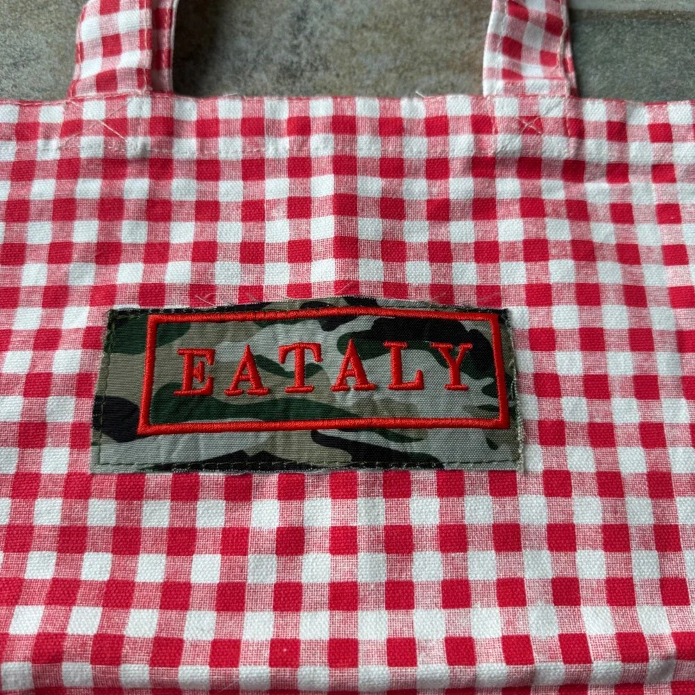 Eataly Gingham Market‎ Tote Bag Red White CAMO Check Cotton Promo 14.5x15.5 RARE